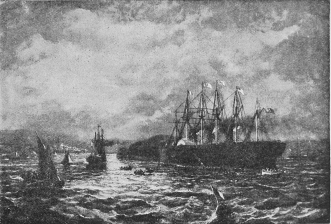 Fig. 40.&mdash;S.S. Great Eastern Completing the Second
Atlantic Cable.