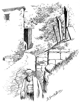 Gate of the Bootmakers, or the Crooked Gate.

Egri Kapoussi, formerly the Gate of Kaligaria&mdash;the bootmakers’ quarter.

To-day this quaint old gateway is seldom used, the industry that gave it
a name is dead; dead warriors rest under the cypress-trees that throw
their slender shadows over the tortuous uneven path.