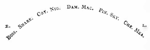 (From R. to L.) BOSS.
SNARE.&nbsp;&nbsp;&nbsp;COY. NIG.&nbsp;&nbsp;&nbsp;DAM. MAC.&nbsp;&nbsp;&nbsp;PIN.
SKY.&nbsp;&nbsp;&nbsp;CHE. MEA.