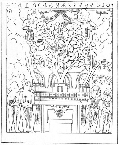 Fig. 8.&mdash;Sacred tree with worshippers, from eastern gateway of Buddhist Tope at S&acirc;nchi.(Fergusson&rsquo;s Tree and Serpent Worship (1868), Plate xxv.)