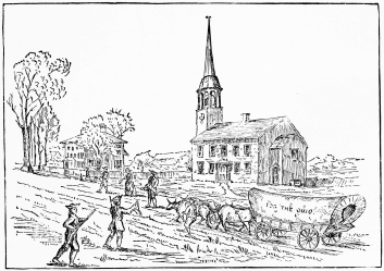 DR. CUTLER’S CHURCH AND PARSONAGE AT IPSWICH HAMLET,
1787. THE PLACE FROM WHICH THE FIRST COMPANY STARTED FOR THE OHIO,
DECEMBER 3, 1787.