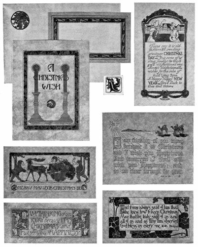 Plate 7

A Page of strong designs made by art school students. Notice how the
designs have been kept in simple broad masses and the lettering made
part of the design. The originals in color were even more unified.